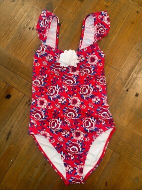 Janie and Jack Red Floral Ruffle-Shoulder One-Piece with White Flower
